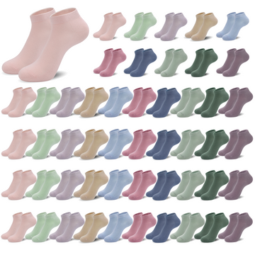 GENTLEAGU Women's Thin Ankle Socks – Low-Cut Bamboo Viscose, Lightweight & Breathable, Assorted Colors, 50-Pair Family Bulk Pack
