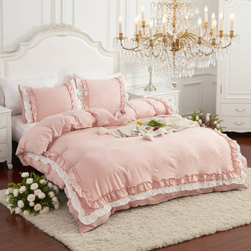 Double Ruffle Duvet Cover Set – Soft Washed Bedding with Pillowcases – Romantic Elegant Princess Style, Pink, 3-Piece