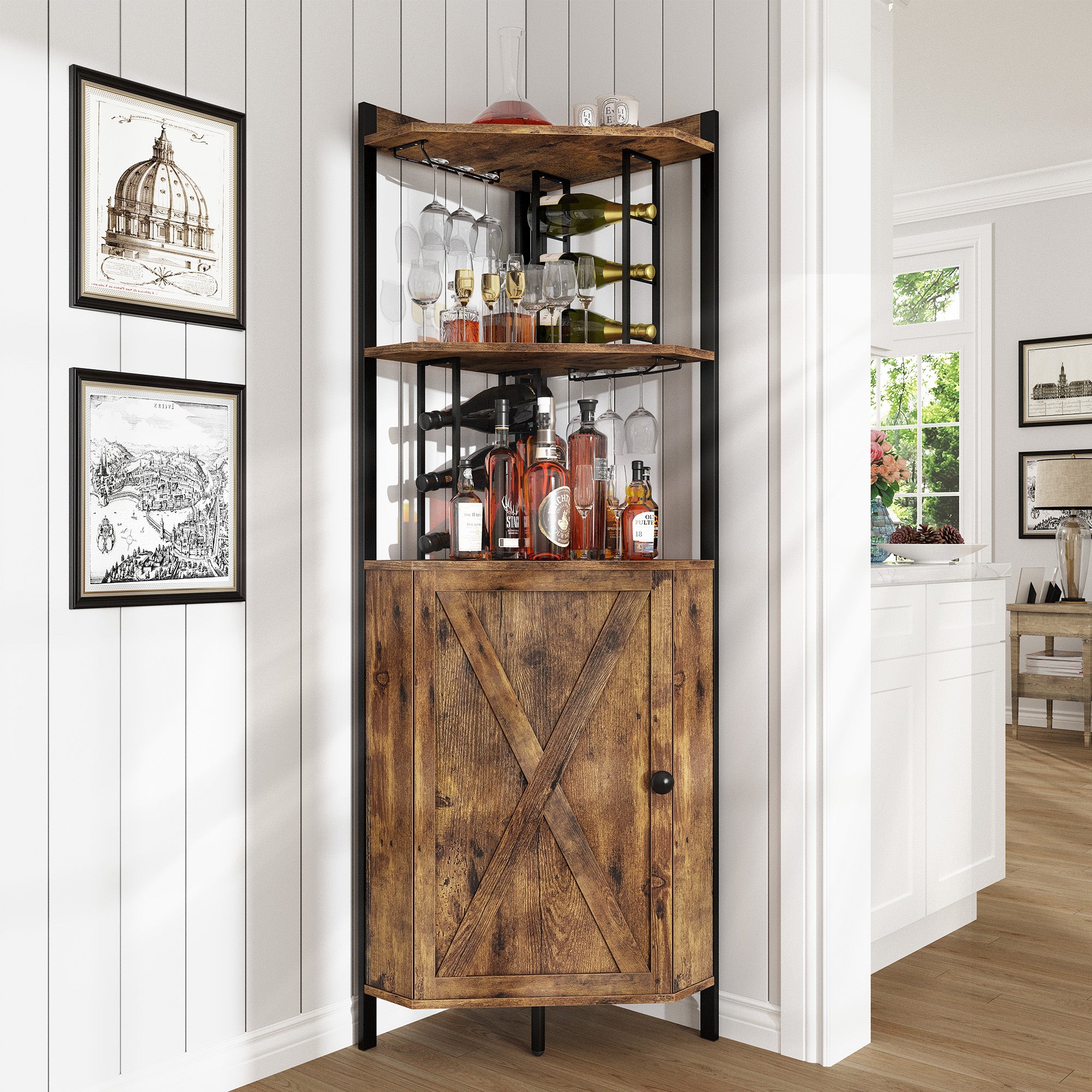 Vividwood 63" Corner Bar Cabinet with Wine Rack – 5-Tier Farmhouse Liquor Cabinet with Barn Door Adjustable Shelves