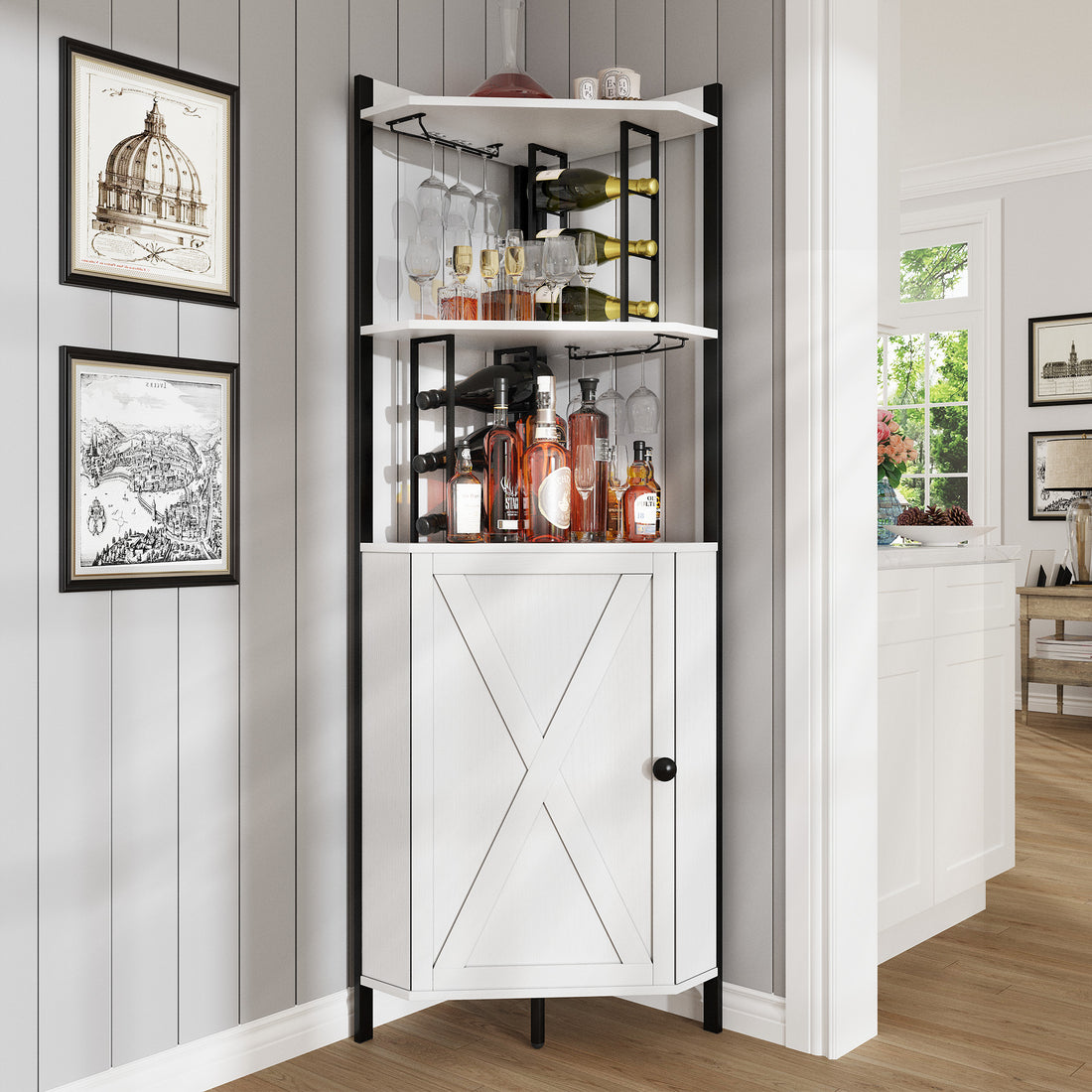 Vividwood 63" Corner Bar Cabinet with Wine Rack – 5-Tier Farmhouse Liquor Cabinet with Barn Door Adjustable Shelves