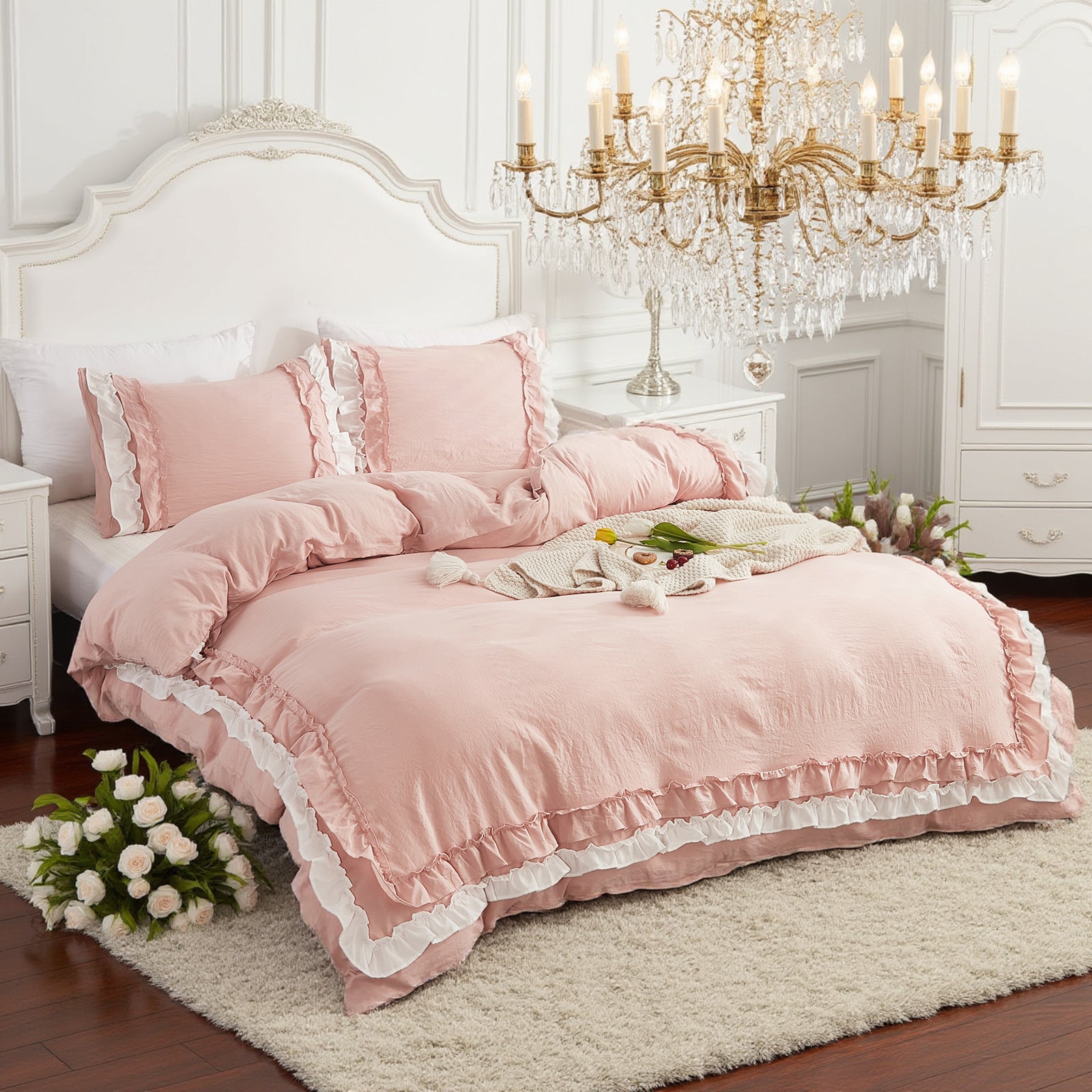 Double Ruffle Duvet Cover Set – Soft Washed Bedding with Pillowcases – Romantic Elegant Princess Style, Pink, 3-Piece