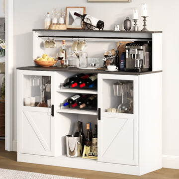 Vividwood Farmhouse Bar Cabinet with Acrylic Doors – Coffee & Wine Storage with Open Shelves & Cup Hooks