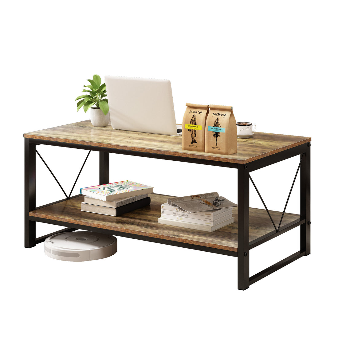 Vividwood 40" Rectangle Coffee Table with Storage – 2-Tier Farmhouse Wooden Center Table for Living Room – Rustic Minimalist Style