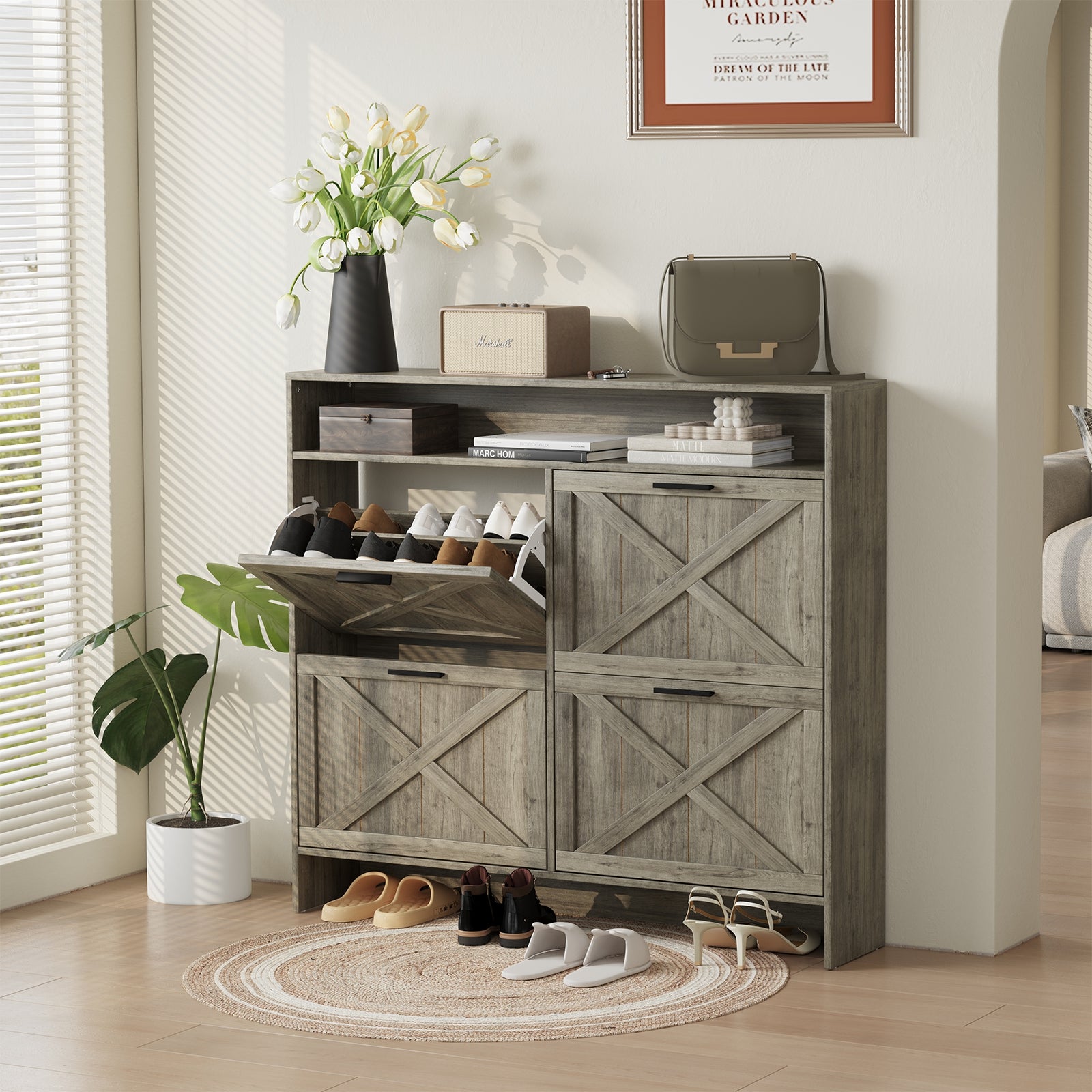 Vividwood Narrow Wooden Shoe Cabinet with 4 Flip Drawers – Farmhouse Entryway Shoe Storage Organizer for Small Spaces