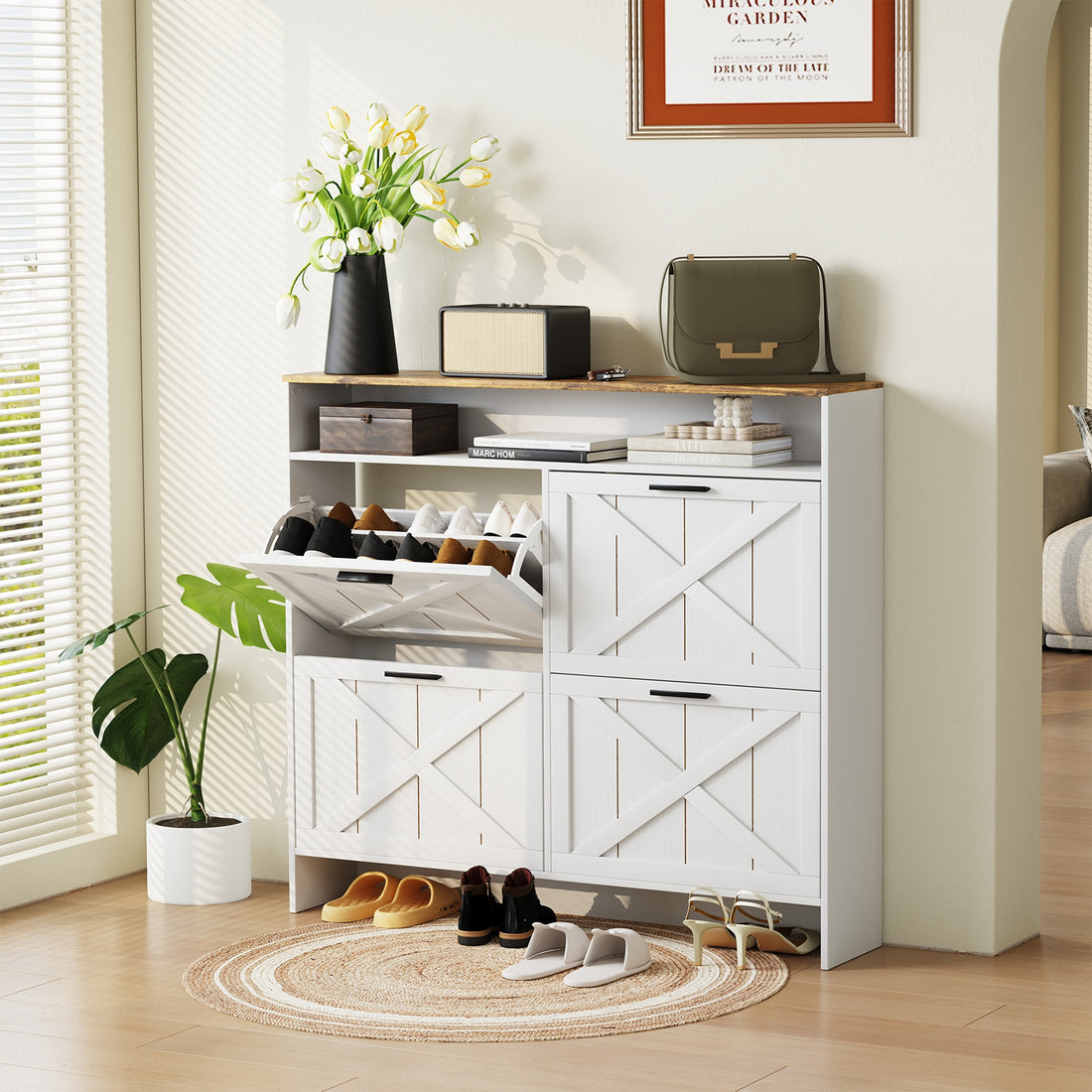 Vividwood Narrow Wooden Shoe Cabinet with 4 Flip Drawers – Farmhouse Entryway Shoe Storage Organizer for Small Spaces