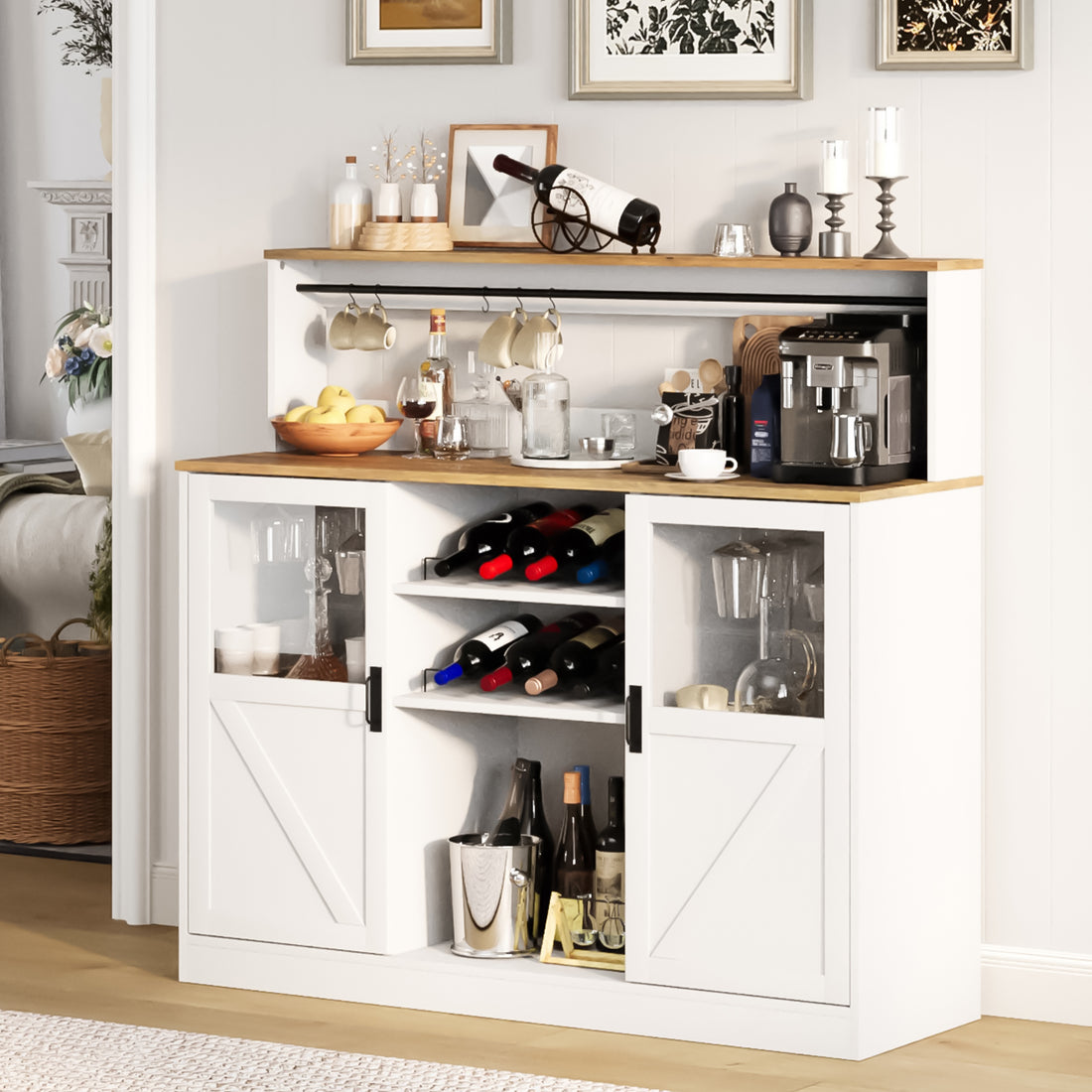Vividwood Farmhouse Bar Cabinet with Acrylic Doors – Coffee & Wine Storage with Open Shelves & Cup Hooks