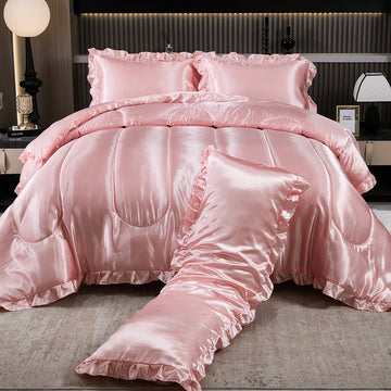 Luxury Satin Ruffled Comforter Set with Body Pillow Cover – Soft Silky Lightweight Fluffy All Season Bedding, Elegant