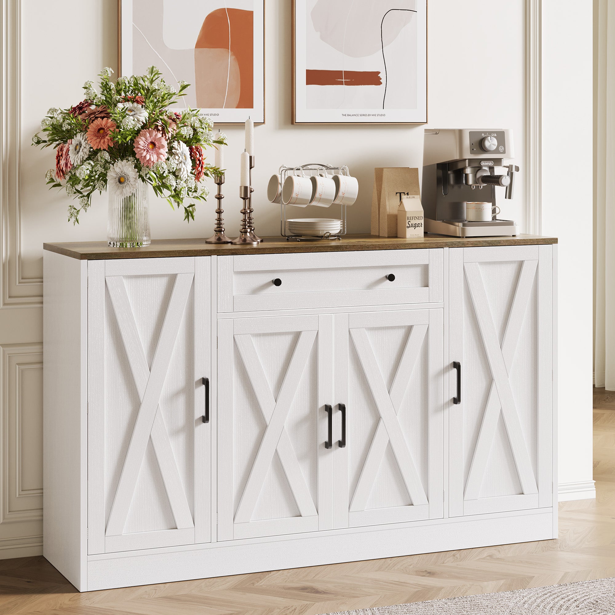 Vividwood 55" Modern Farmhouse Buffet Cabinet – Large Sideboard with Drawer, 4 Doors & Shelves Credenza