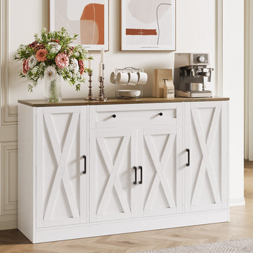 Vividwood 55" Modern Farmhouse Buffet Cabinet – Large Sideboard with Drawer, 4 Doors & Shelves Credenza