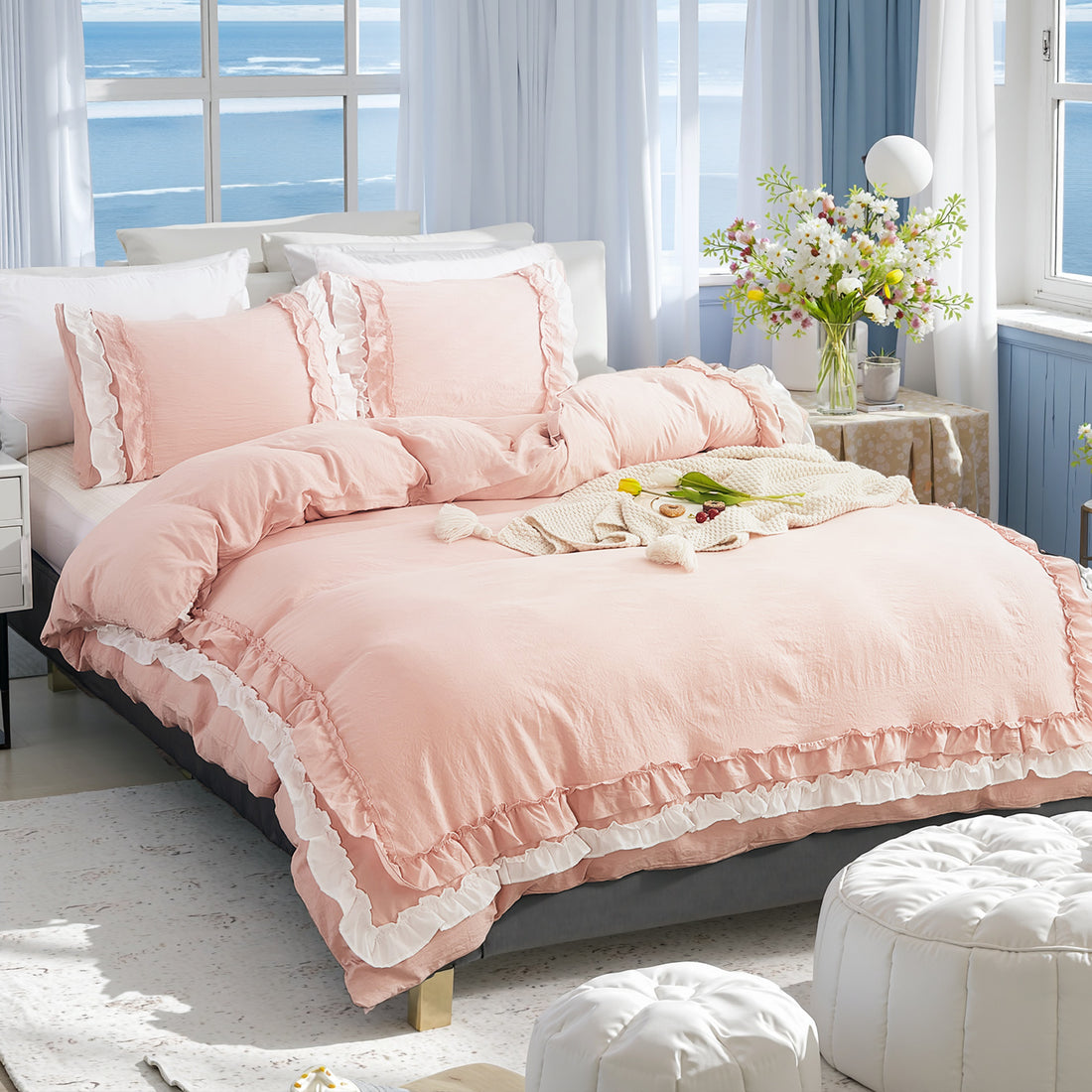 Double Ruffle Duvet Cover Set – Soft Washed  Microfiber Bedding with Pillowcases – Romantic Elegant Princess Style, Pink, 3-Piece