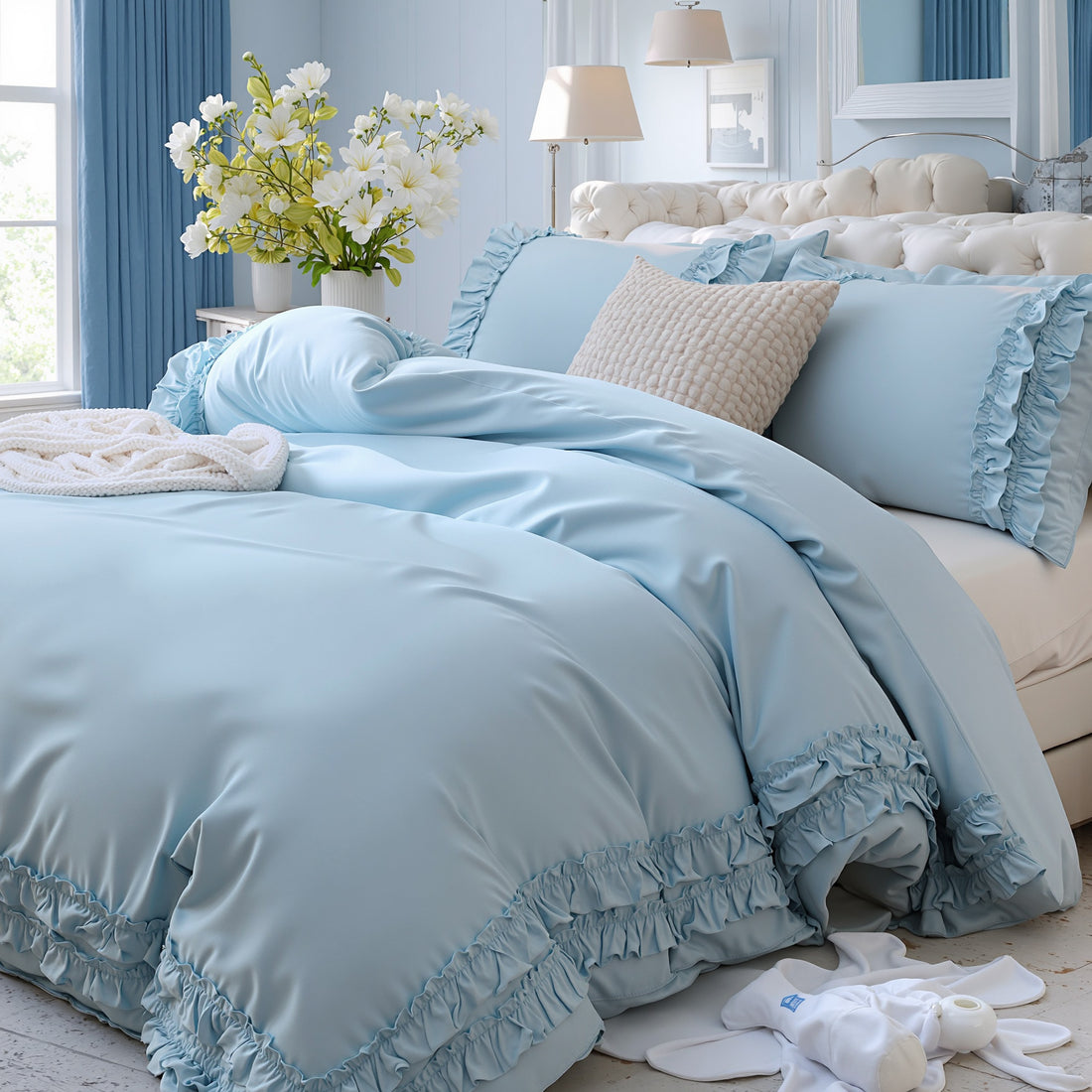 Cozy Cotton Duvet Cover Set – Soft Breathable Bedding with Double-Layer Ruffle Edge – Vintage Cottage Aesthetic, Blue 3 Piece