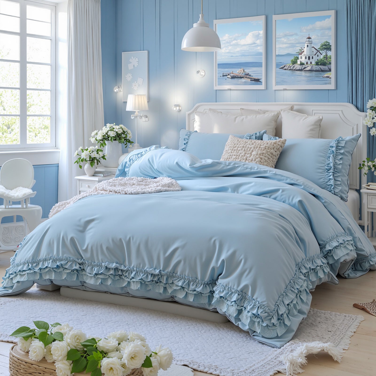 Cozy Cotton Duvet Cover Set – Soft Breathable 3-Piece Bedding with Double Ruffle Edge, Romantic Farmhouse Cottage Style